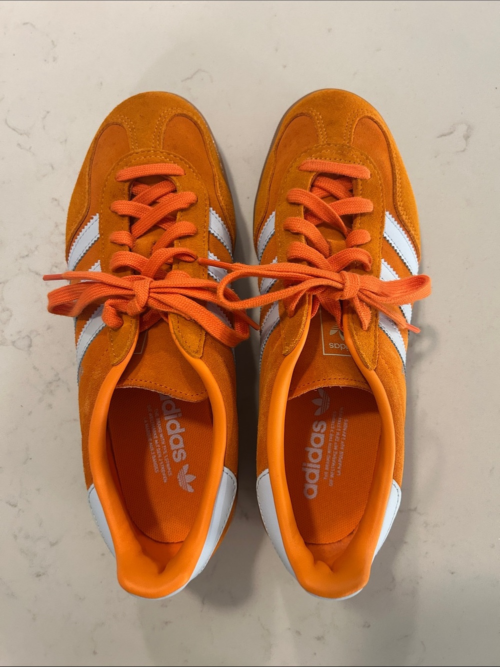 Adidas Gazelle indoor orange suede shoes with light blue stripes